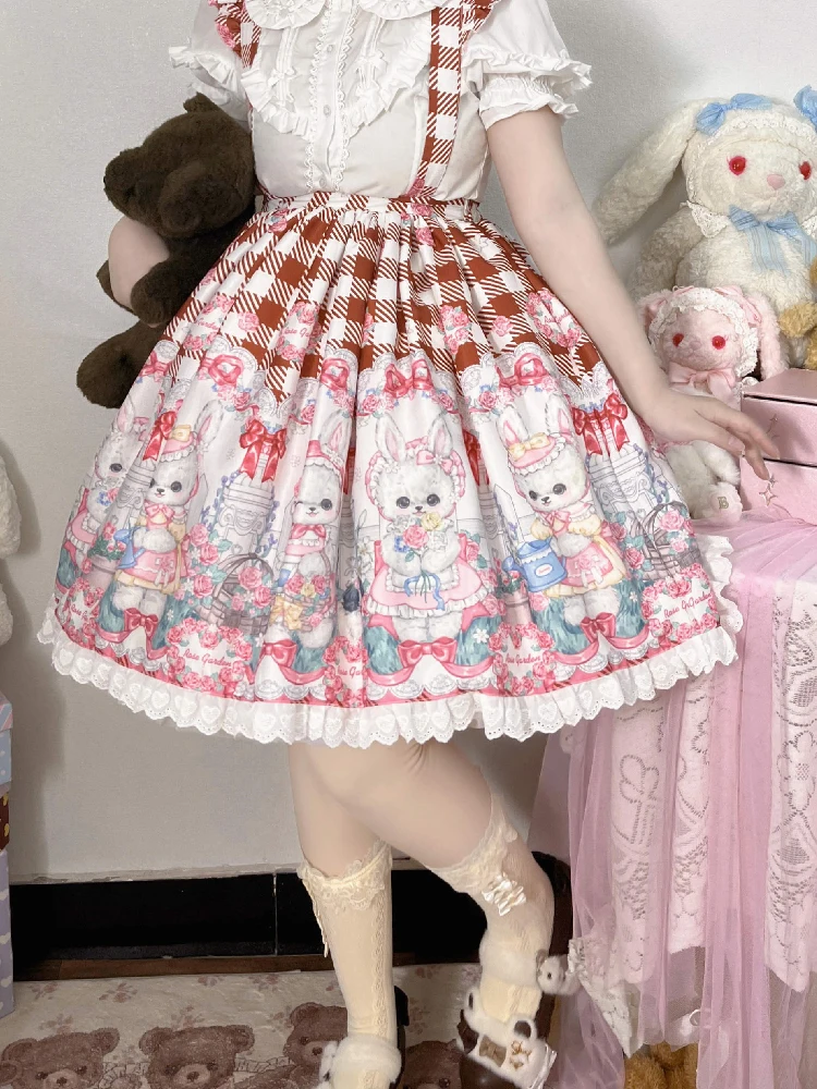 Japanese Kawaii Lolita Style Women Jsk Skirt Summer Plaid Rose Garden Rabbit Cartoon Print Half Skirt Set Carrying Strap Skirts