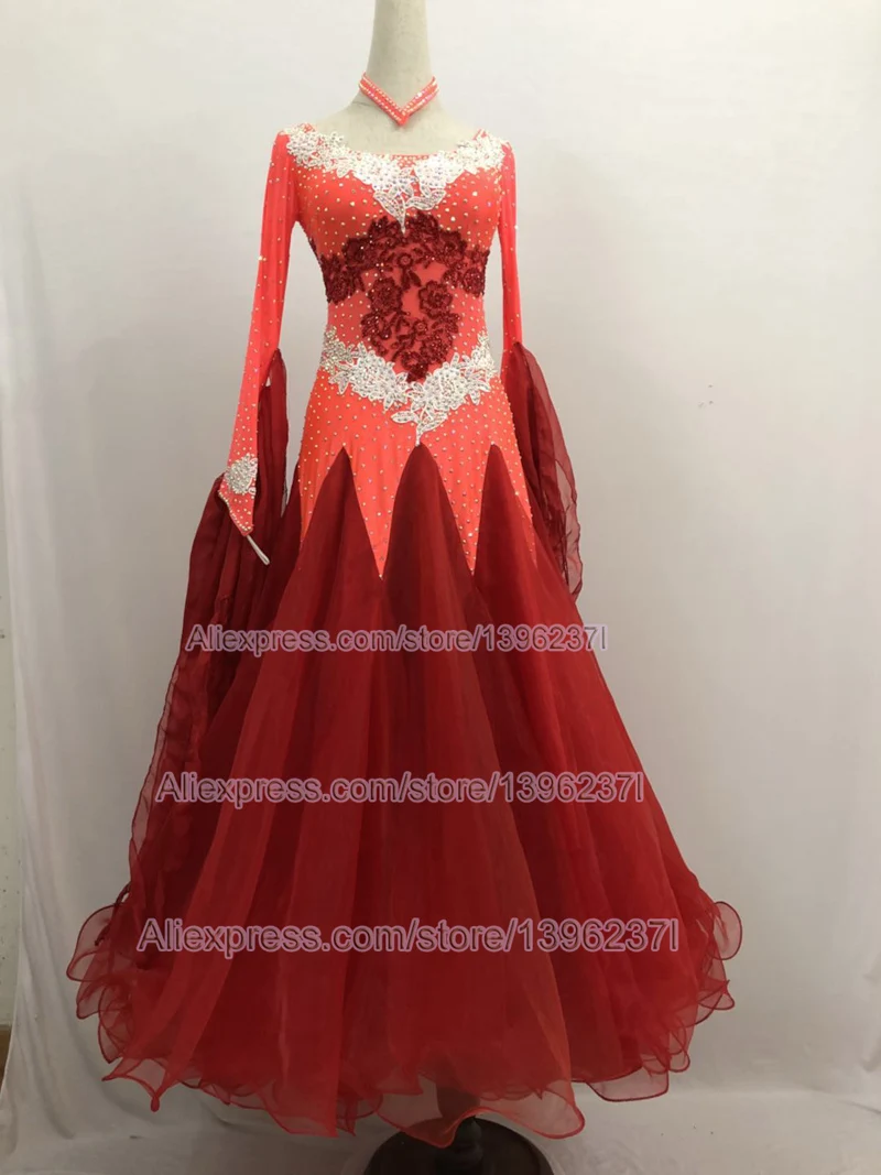 

Standard Ballroom Dress Women New Sparkle Glass Stone Adult Red Waltz Tango Ballroom Competition Dance Dresses