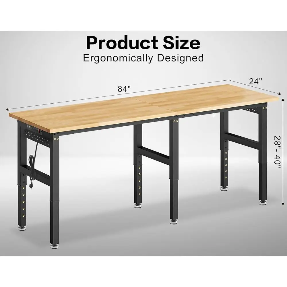 Heavy Duty Workbench, 5000 LBS Capacity Adjustable Work Bench with Pegboard and Power Outlet, Rubber Wood Table for Garage, Offi