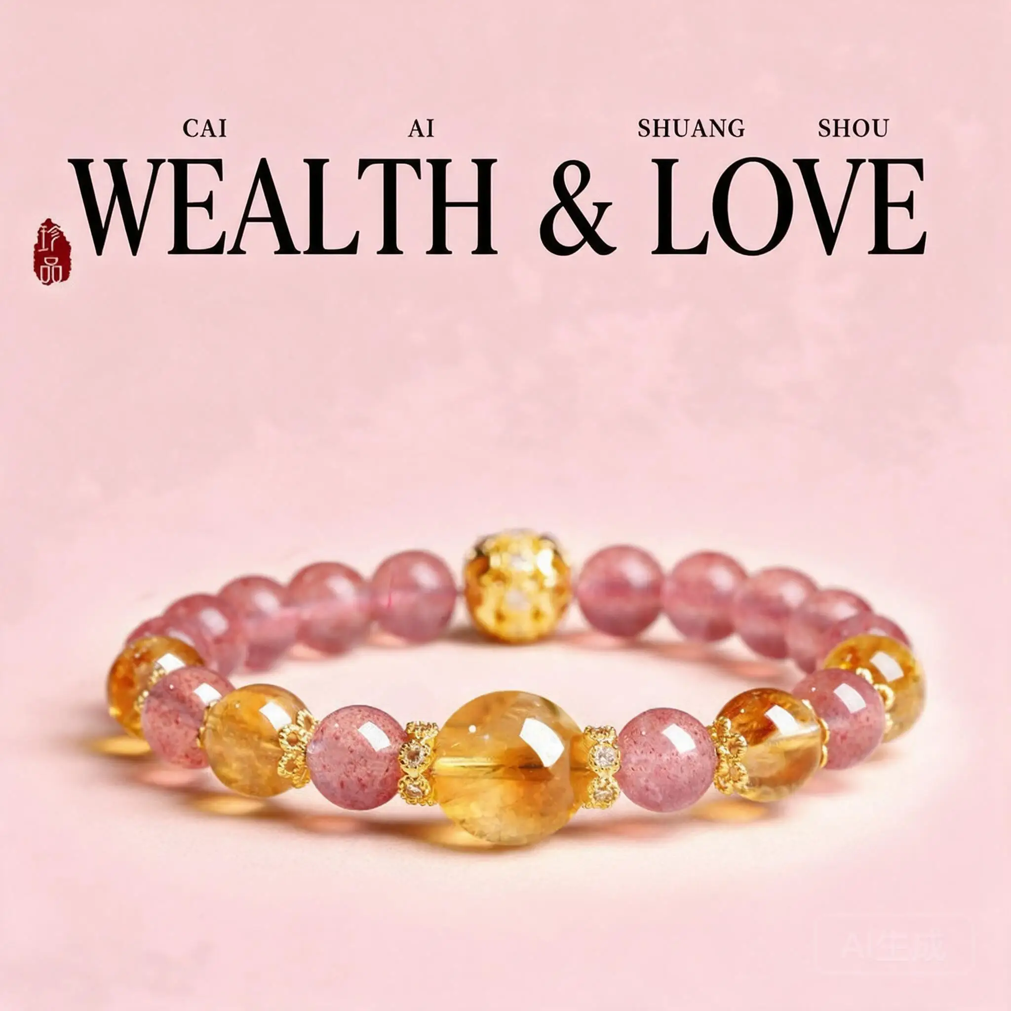 Chinese Style Natural Strawberry Quartz Citrine Rose Quartz Lucky Wealth Love Blessing Auspicious Handstring Bracelet For Women