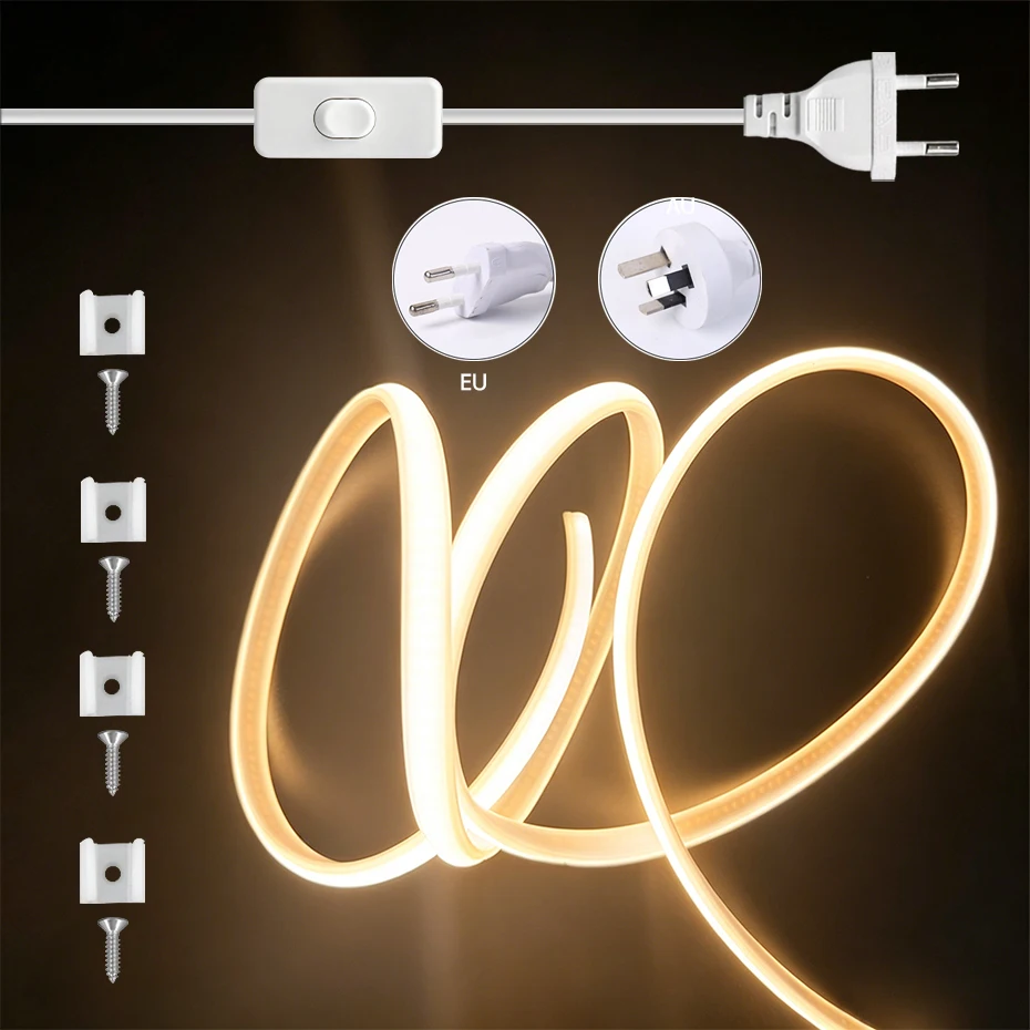 

1-30M 220V COB LED Strip with EU AU Plug Switch Led Strip Light Waterproof Flexible Ribbon for Room Outdoor Lighting Decoration