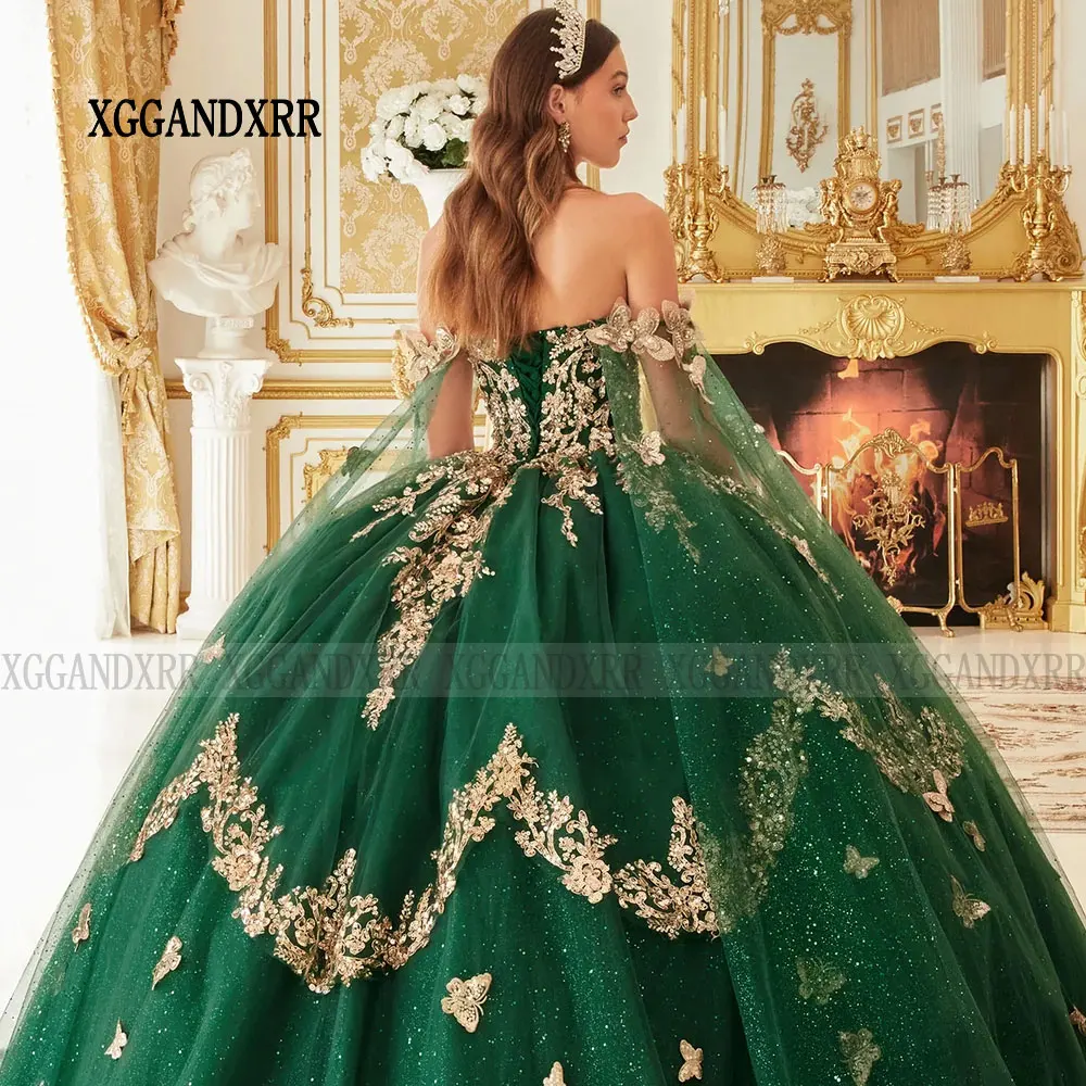 Emerald Green Lace Applique Long Ball Gown Quinceanera Dresses 2024 Off The Shoulder Princess Birthday Party Vestidos De 15 Años