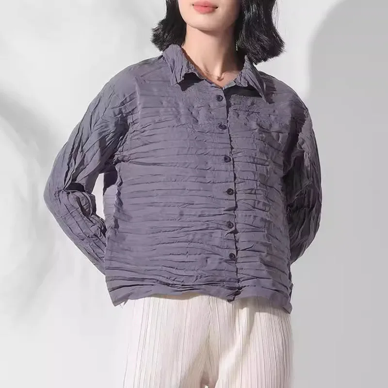 Yfpf miyake plissado camisa feminina moda lapela manga longa cor sólida único botão blusa versátil 2025 novas roupas 3a421
