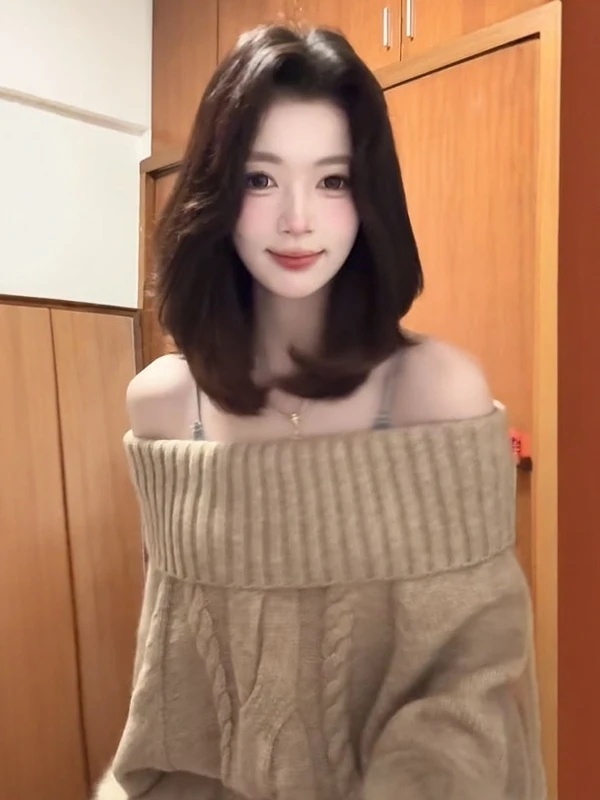 

Ретро-свитер с открытыми плечами, модный, свободный крой, маленький размер, красивый, уникальный, длинный, теплый, вязаный, зимний