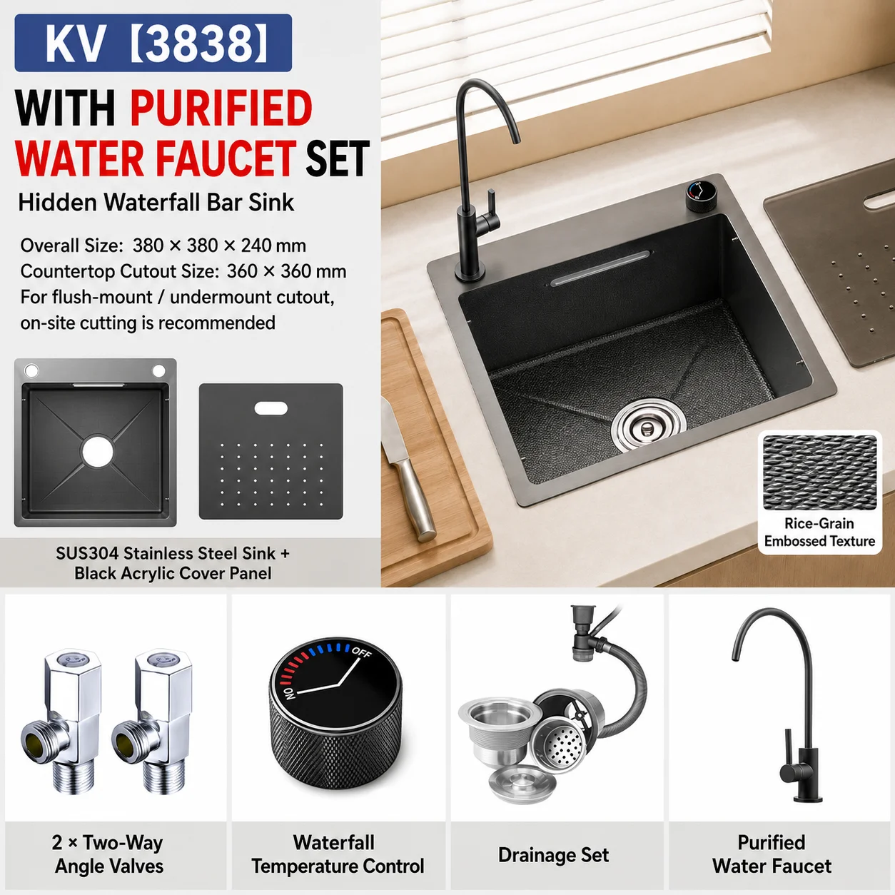 Modern Luxury Waterfall Kitchen Sink SUS304 Stainless Steel Hidden Bar Sink with Temperature Control Faucet Drain Set image 3