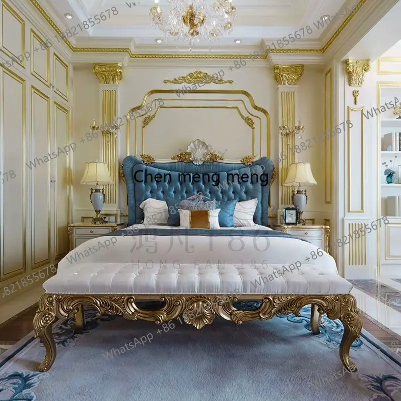 

French court style solid wood heavy industry carving bedroom carved double bed blue fabric princess bed luxury wedding bed