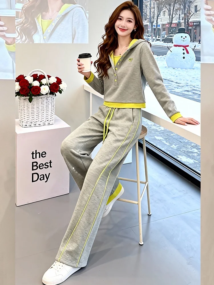 

Fashionable Sporty Women's Set Short Hoodie Wide Leg Pants Two Piece Suite Casual Comfortable High Waist Spring New Arrival