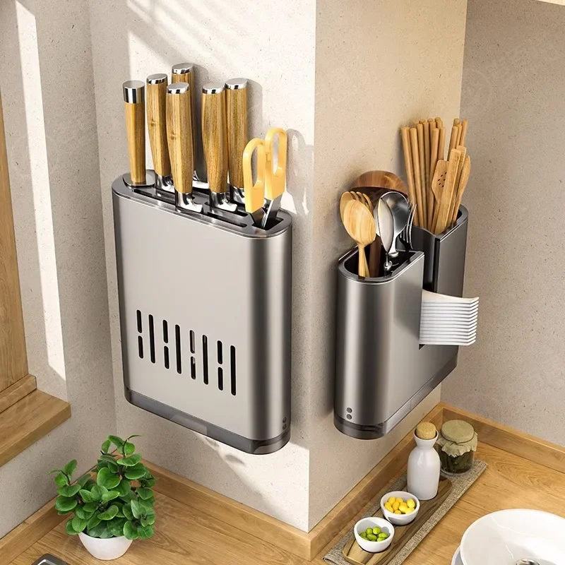 Multi-Function Storage Rack for Knives, Chopsticks -Utensils & Dish Drainer Wall-Mounted Knife Holder & Kitchen Organizer