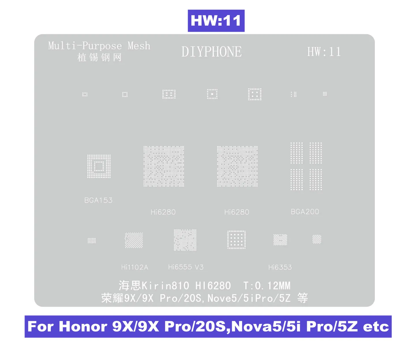Plantilla de Reballing HW1-18 BGA, Kirin 9000S HI36A0 para Huawei Mate 60/60Pro/60RS/X5/Honor X30 /V20/Magic 2 CPU RAM IC Steel Mesh