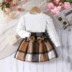 2-8Y Kids Girls Autumn 2PCS Skirt Outfits Long Puff Sleeve Round Neck Tops A-line Plaid Skirt Set Children Fashion Clothing