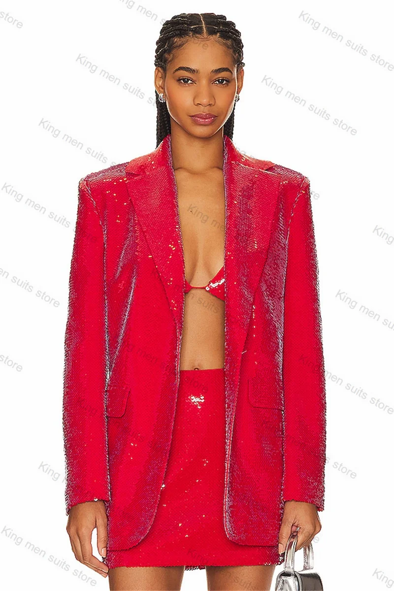 Conjunto de terno de lantejoulas vermelho feminino, blazer e vestido de baile curto, personalizado, formal, senhora do escritório, smoking de casamento, jaqueta brilhante, 2 peças