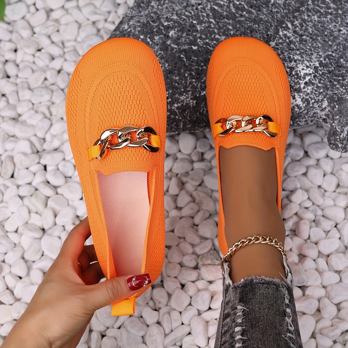 برتقالي لامع ماري جينس | راحة سهلة الارتداء، نعل غير قابل للانزلاق | إبزيم سلسلة لطيف وملابس لجميع المواسم. #1