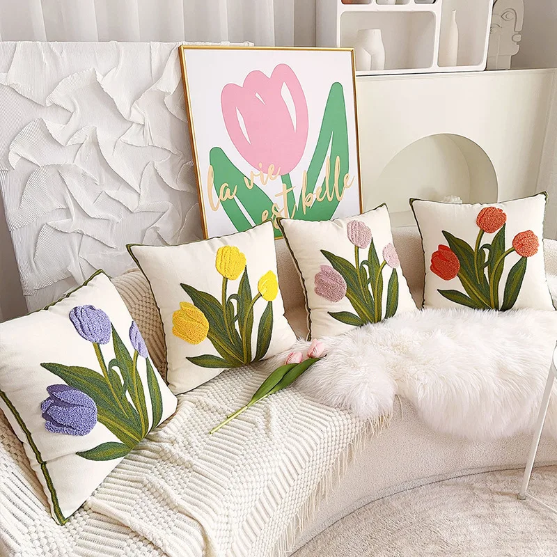 Nordic Flower Throw Pillows Living Room Cream Sofa Cushions Flower Model Room Bay Window Cushion Covers Office Car Throw Pill