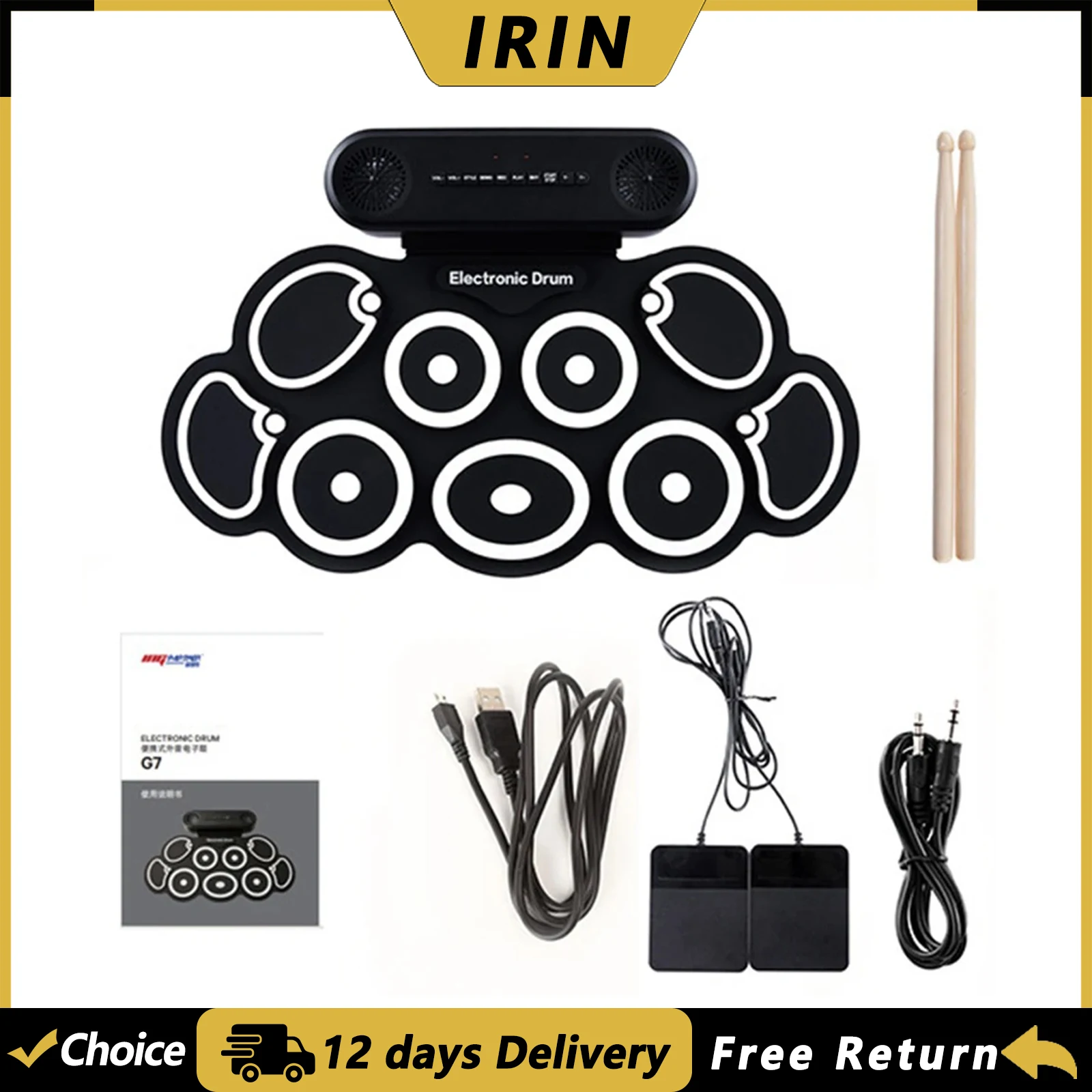 IRIN G7 Electronic Drum Set 9 Pad Hand-rolled Silicone Electric Drum Pad Set Built-In Dual Stereo Speaker Drum Practice Pad