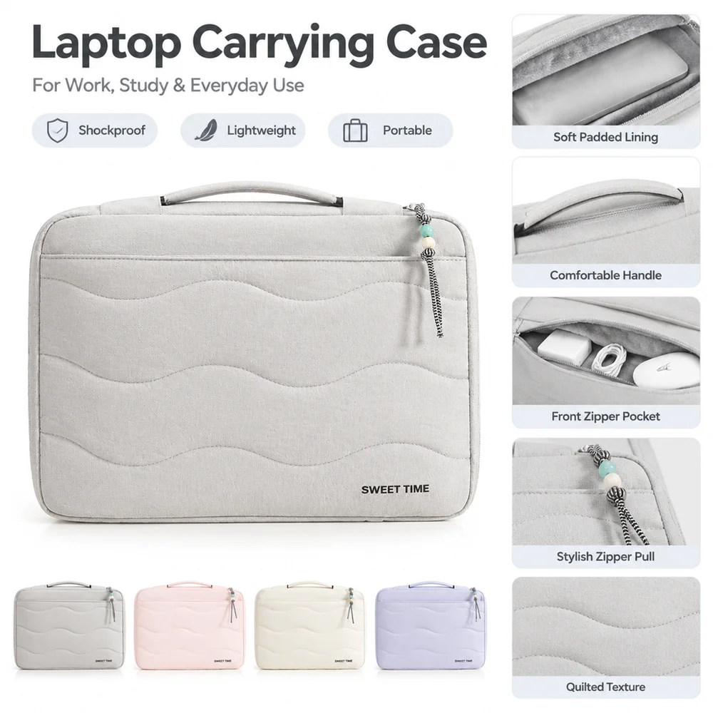 Quilted Laptop Carrying Case Thickened Lining Shockproof Protective Laptop Bag Portable Handle Multi-Compartment