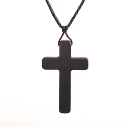 Handmade Crucifix Ebony Pendant Necklace Wooden Braided Rope Necklace Pendant Personality Accessories Hand-knitted