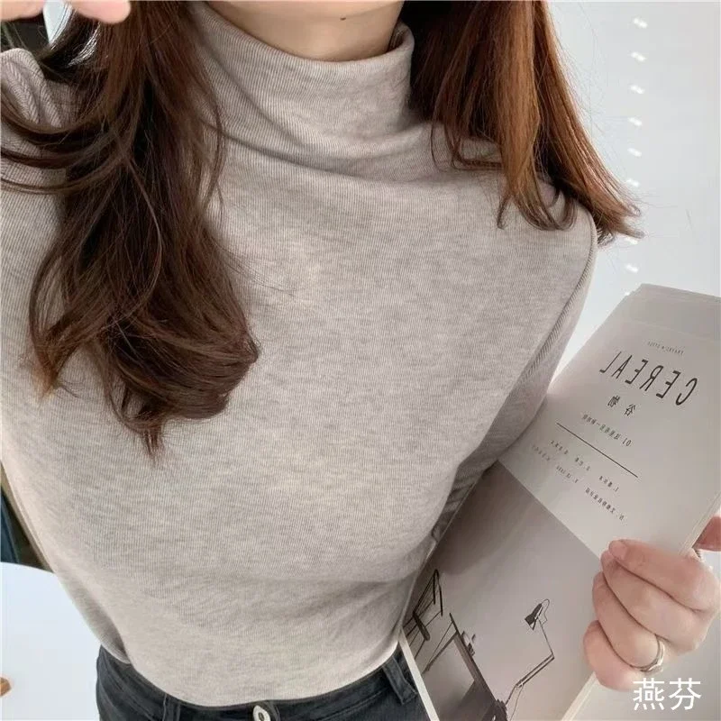 Women Autumn Winter Fleece Turtleneck Top Thick Warm Long Sleeve Blouse Versatile Oat Color Casual Inner Wear Shirt