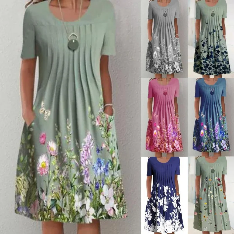 

Spring Summer Floral Print Round Neck Pocket Midi Dress Women's Clothing