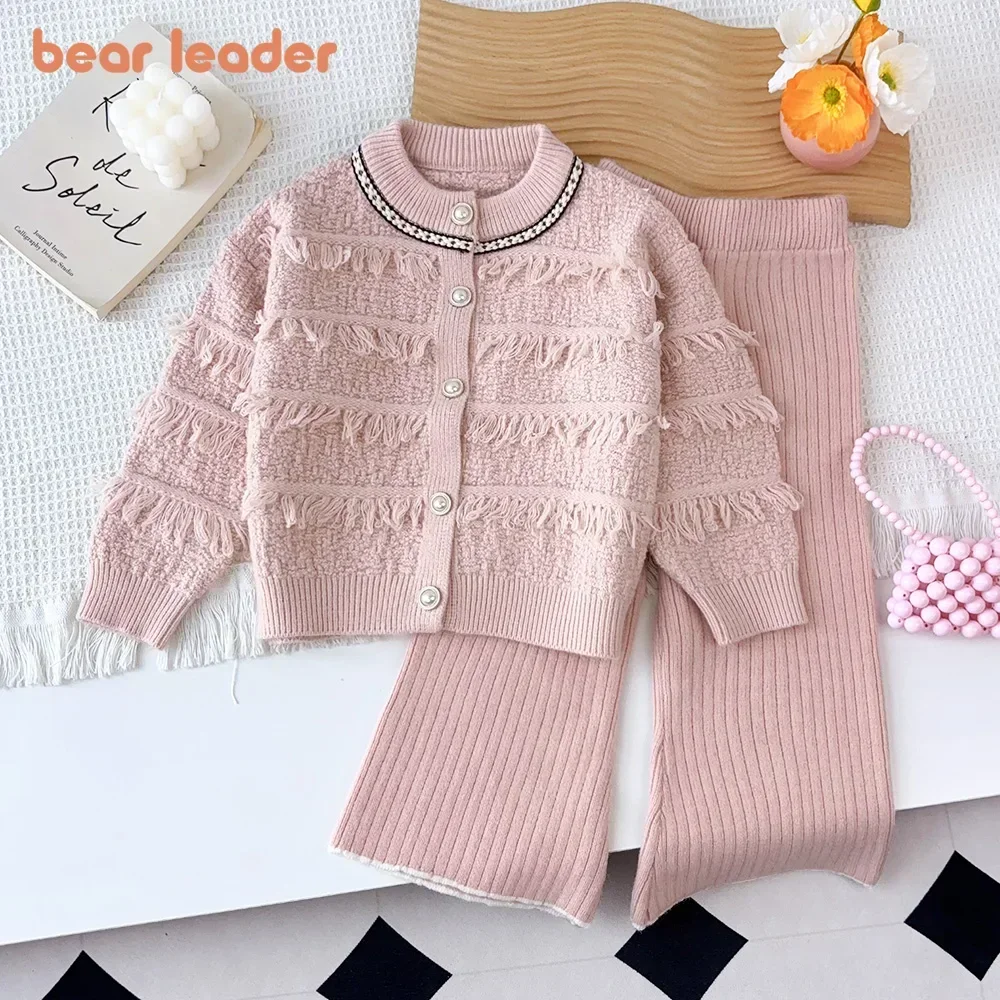 Bear Leader Plain Girls Clothes Tassel Single Breasted Cardigan+Pants Autumn Winter Knitted Sweater Fashionable Children's Set