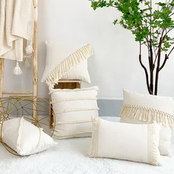 Boho Style Linen Cotton Pillow Cover Home Decorative Beige Cushion Cover with Tassels Solid Throw Pillow Cases 45x45cm/30x50cm