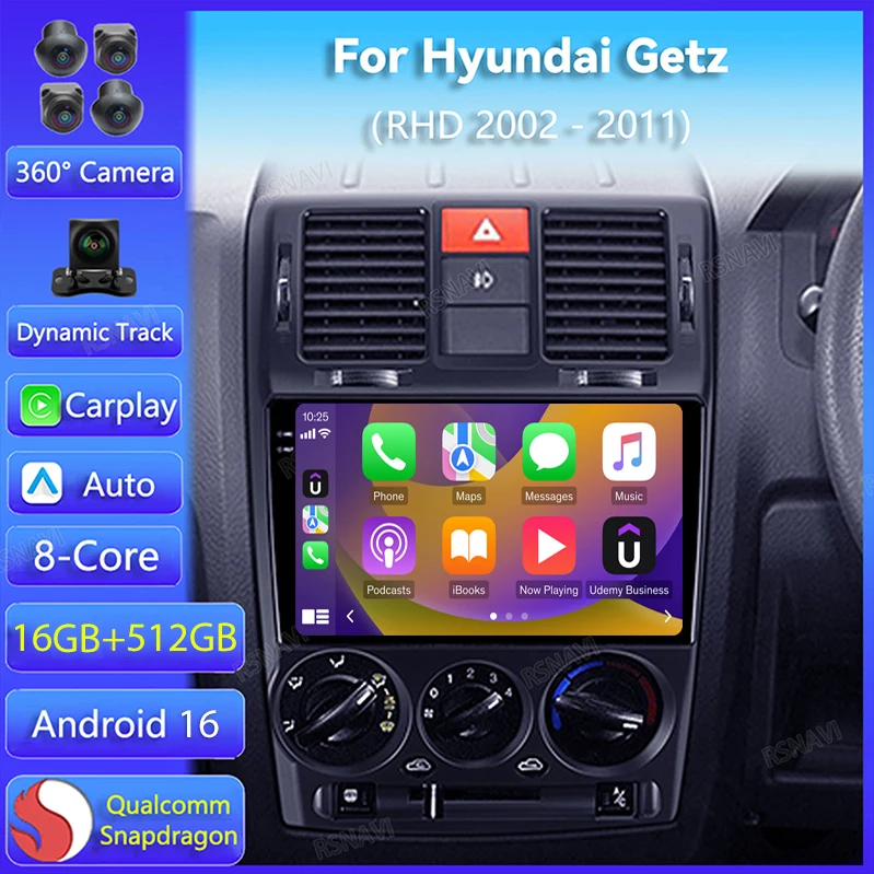 Android 16 Car Radio For Hyundai Getz 1 2002 - 2011 Right hand drive Carplay Auto Multimedia Player GPS Stereo Video 360 Camera