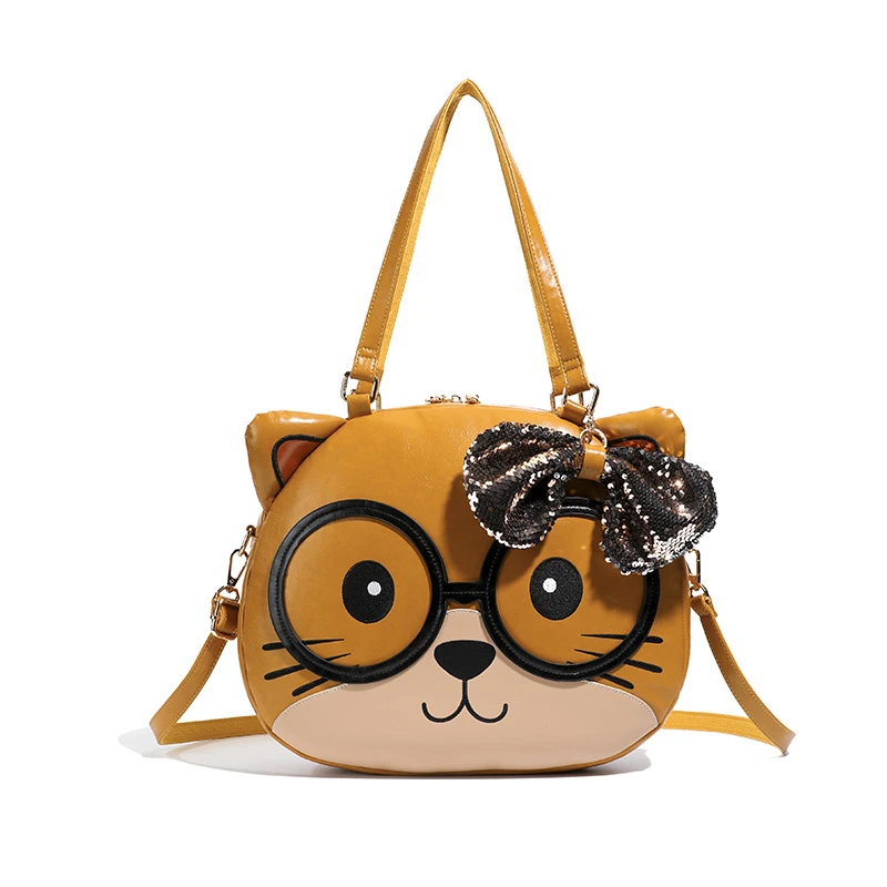 

Kawaii Spectacled Cat Ita Bag For Women Sequin Bow & Cartoon Cat Print Cute Display Shoulder Bag Japanese Soft Tote For Commuter