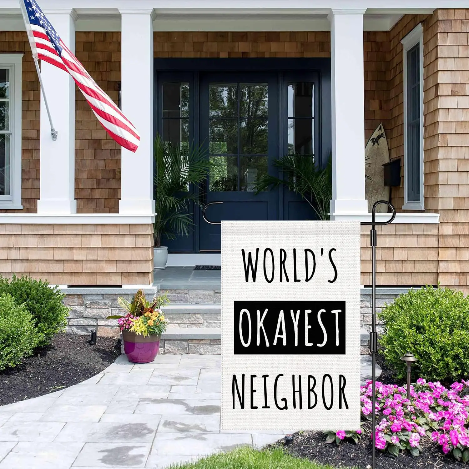 World's Okayest Neighbor Garden Flag 12 x 18 Inch Double Sided Burlap Funny Best Neighbor Garden Flags Farmhouse Yard La uui