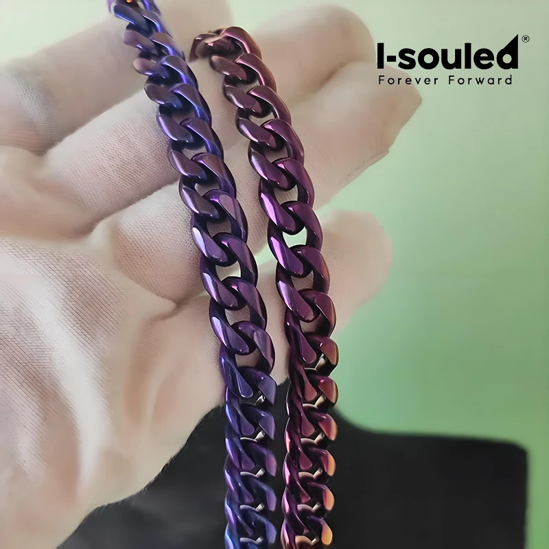 Men's Wide Anodized Titanium Necklace - Iridescent 10.5mm Chain 50cm, Sweat-Proof with Figure 8 Hook