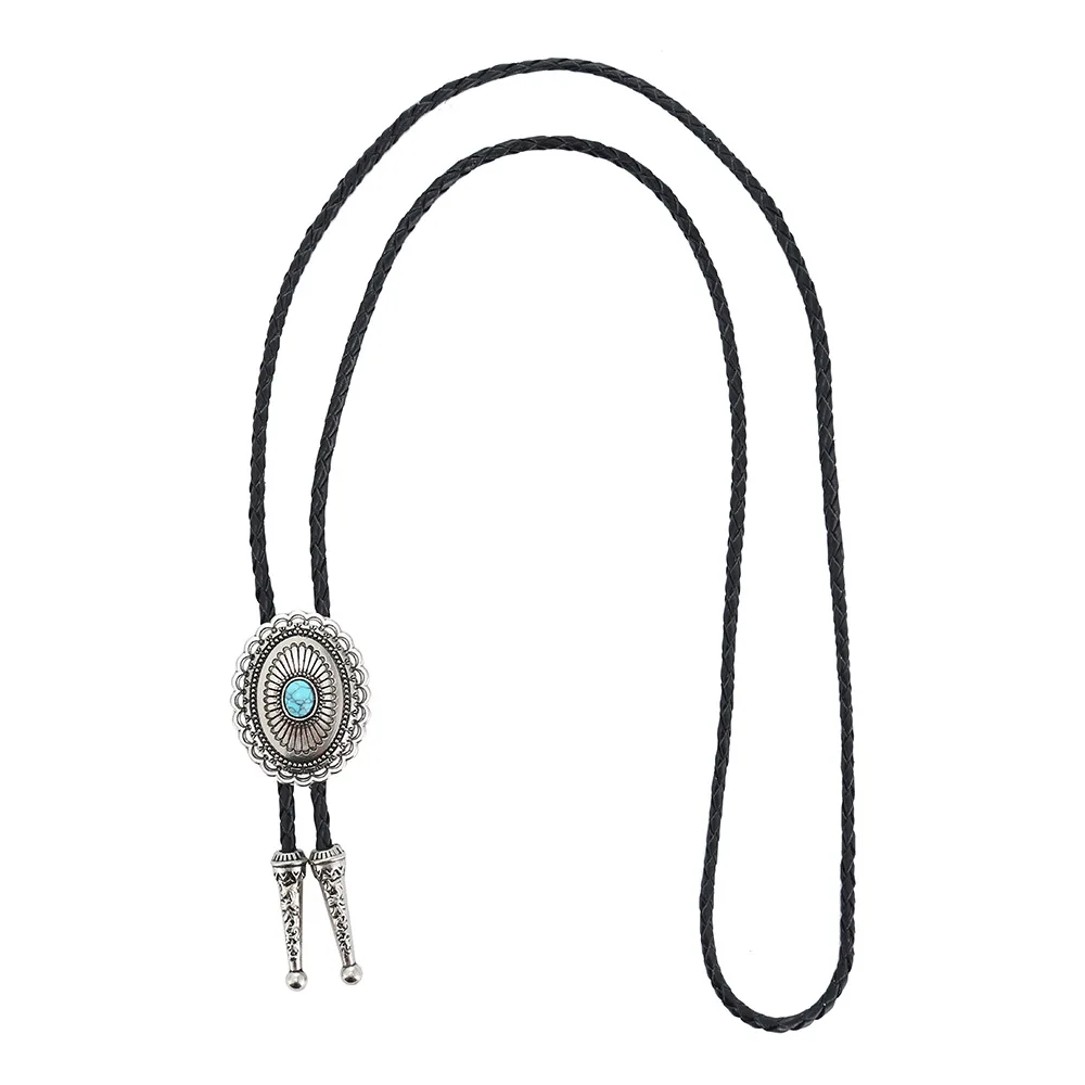 Nuovo modello ovale geometrico da uomo alla moda intarsiato pietra preziosa sintetica corda in pelle Pollo cravatta cravatta da uomo accessorio regalo all'ingrosso