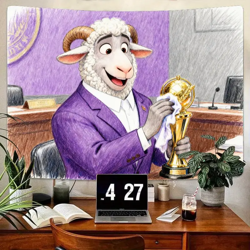

1 шт., милый баран в фиолетовом костюме, гобелен, мотивационный трофей, победитель, настенное искусство, современный полиэстеровый домашний декор для гостиной, спальни O