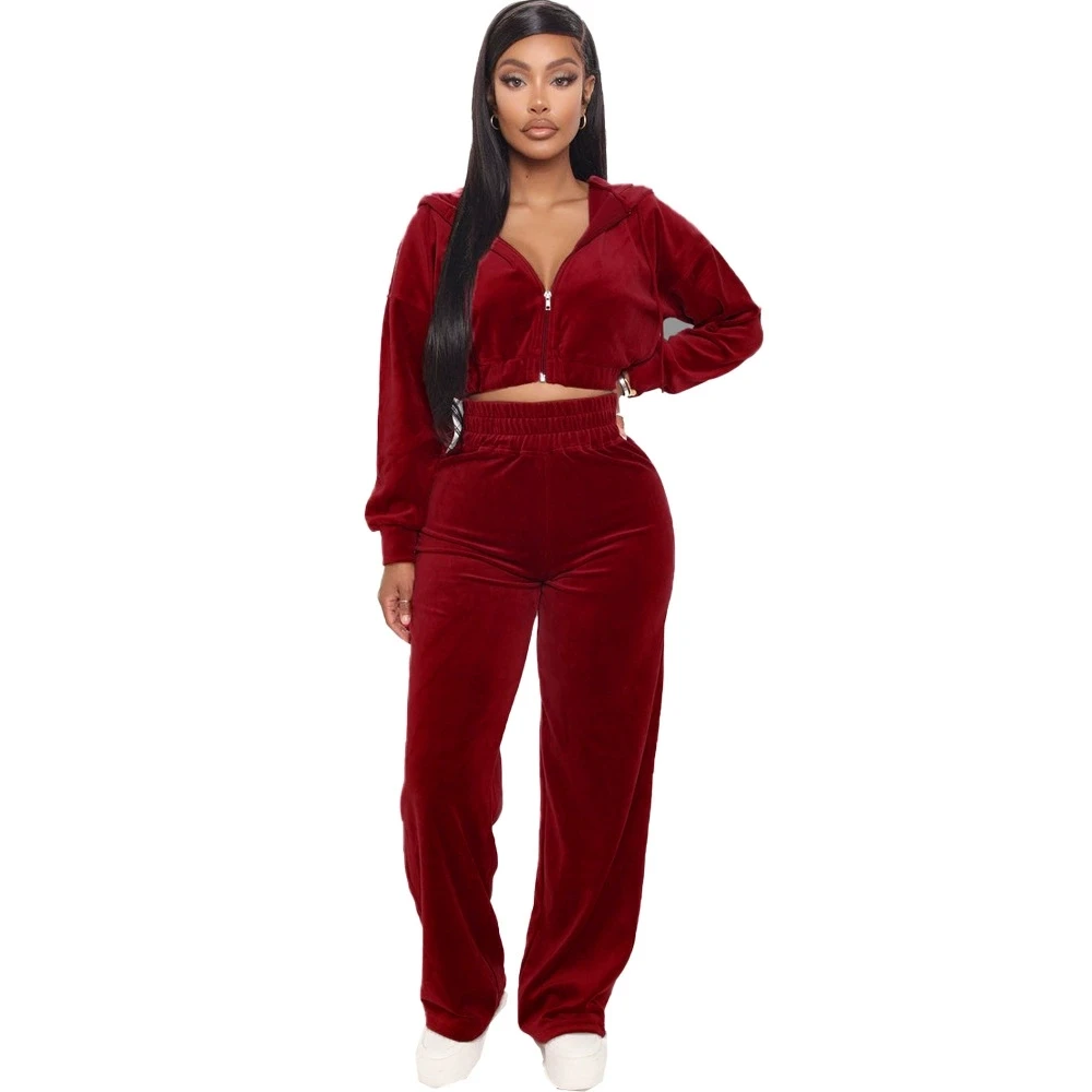

Women's Solid Color Velvet Pants Sets Hooded Short Coat High Waist Slim Trousers Two Piece Set Temperament Commuting Clothing