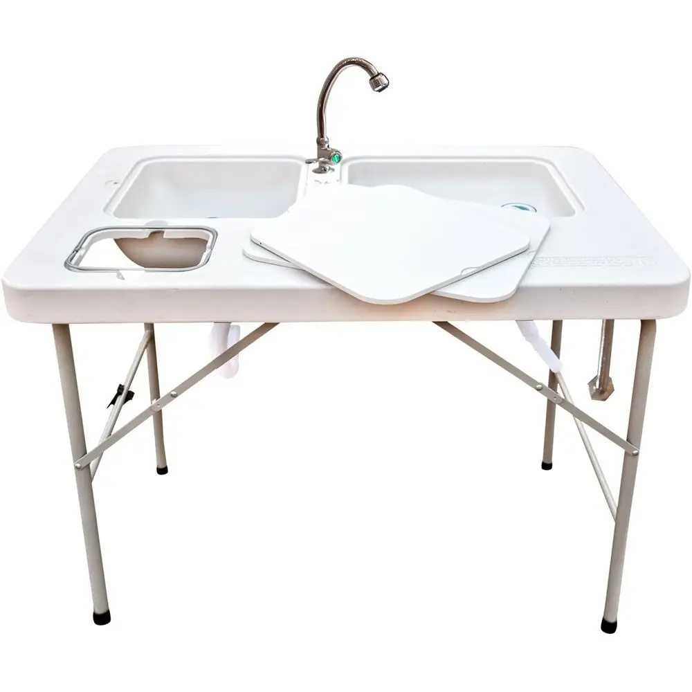 

Work Station Table, Portable, oldable, Dual Sink, Red, Outdoor Kitchen Accory, 40x26x33 inches, Grey