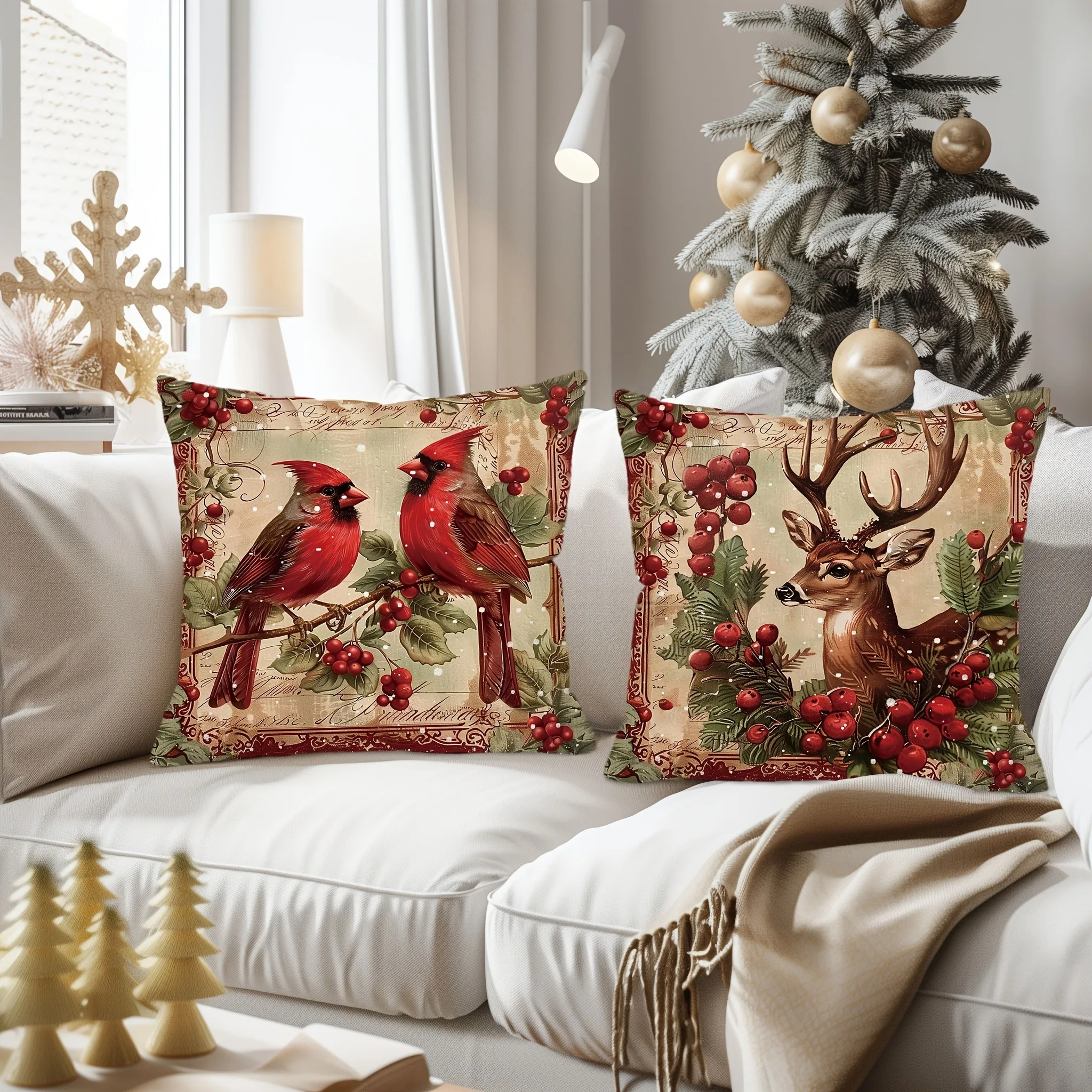 Christmas Decoration Pillowcase Retro Christmas Red Dress Bishop Reindeer Garland Print Sofa Cushion Cover Home Decoration Short