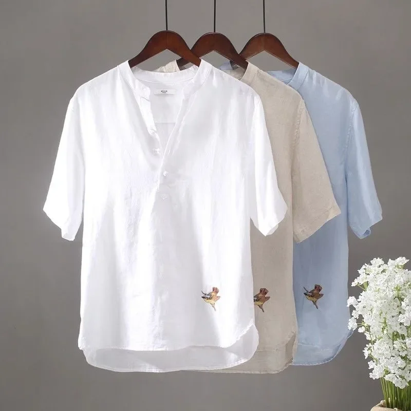 Chinese Style Stand Up Collar Pullover Shirt Men's Cotton Linen Short Sleeved Thin Linen Retro Embroidered Casual Loose Shirt
