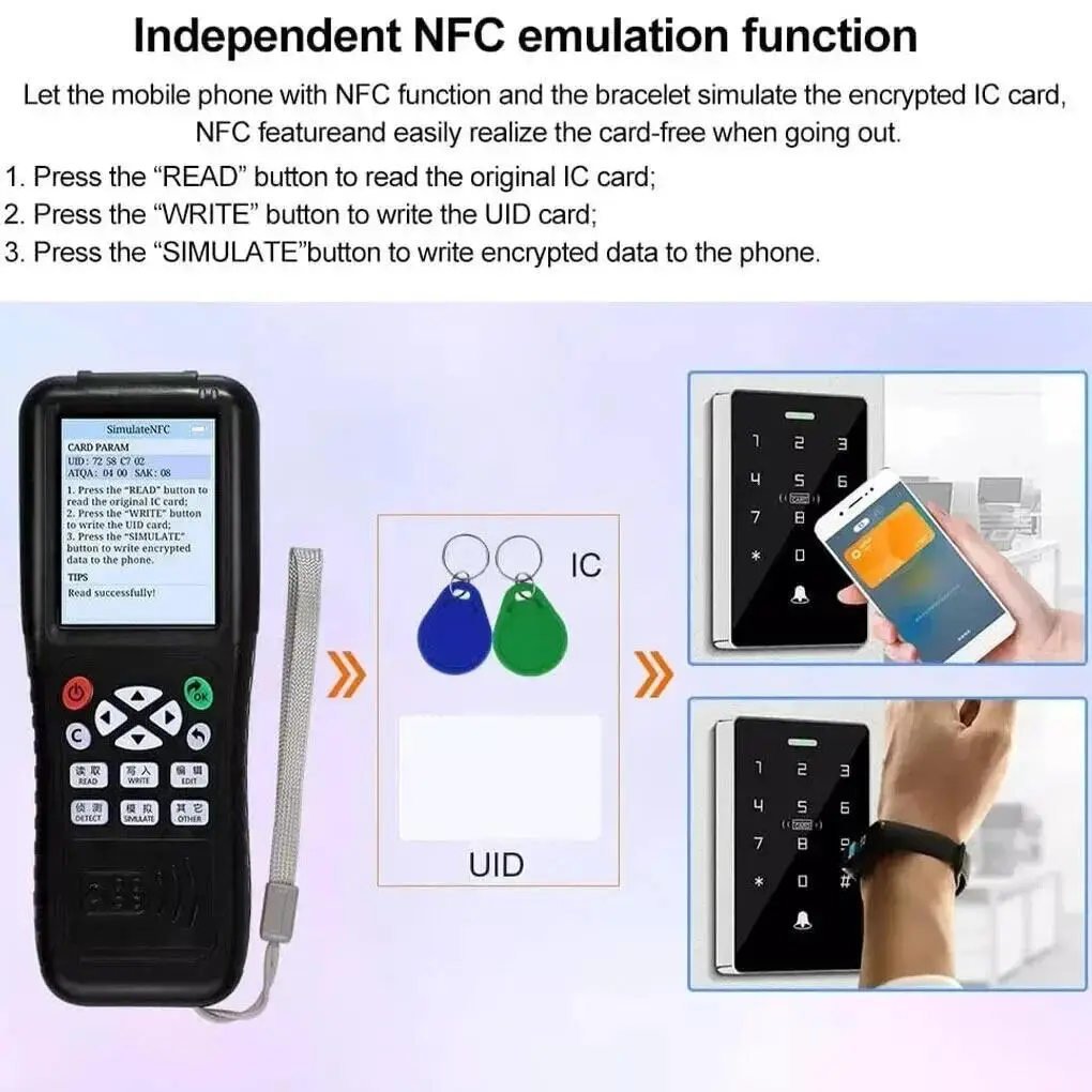Nfc rfid duplicador icopia x100 programador de descriptografia avançada copiadora escritor 13.56mhz 125khz usb chave criptografada com voz