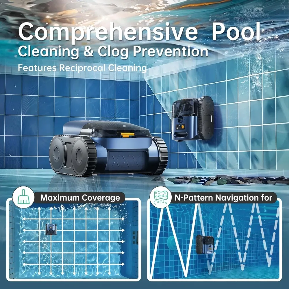 Cordless Robotic Pool Vacuum, Track Drive And Sonar Navigation, 180W Brushless Motor, Wall And Waterline Climbing Capability