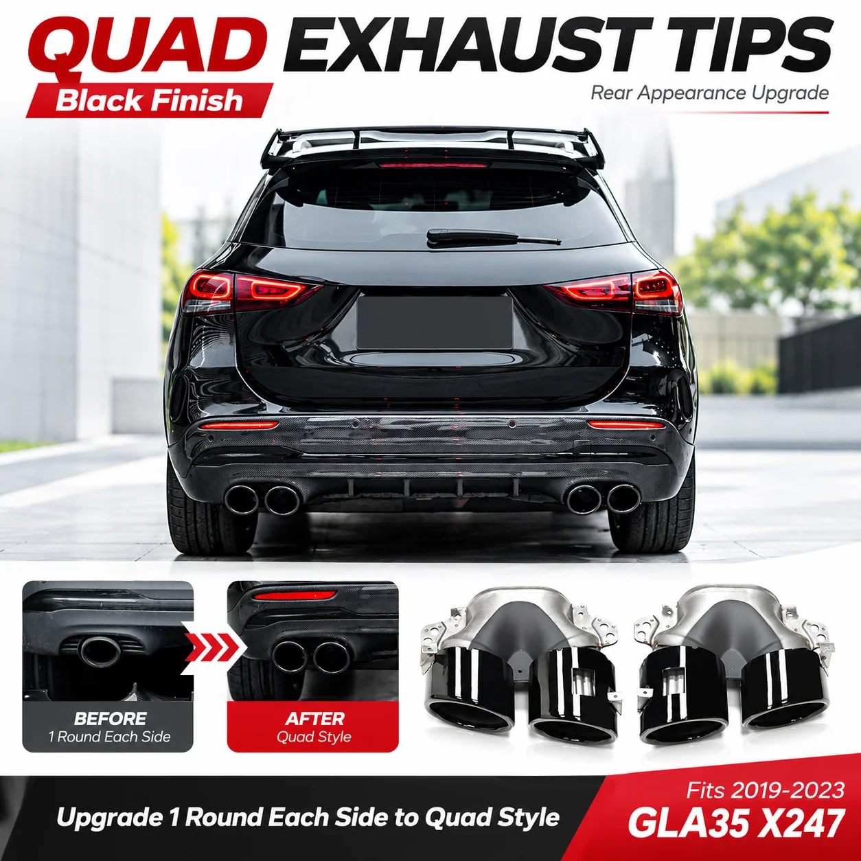 Quad GLA45 Style Exhaust Tips Pipe For Mercedes Benz GLA35 X247 AMG Refitting 2019-2023 Tailpipe Stainless Steel Muffler Tuning