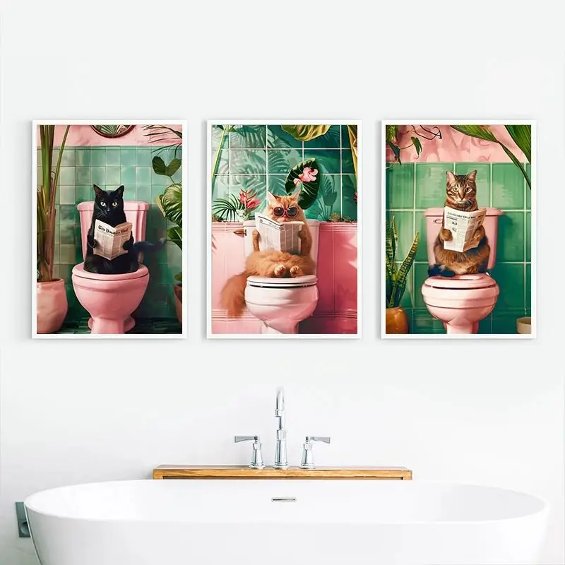 Funny Toilet Animals Canvas Poster Black Cat Dog Flamingo Bear Tiger Read Newspaper Wall Art Bathroom Home Decor Gift
