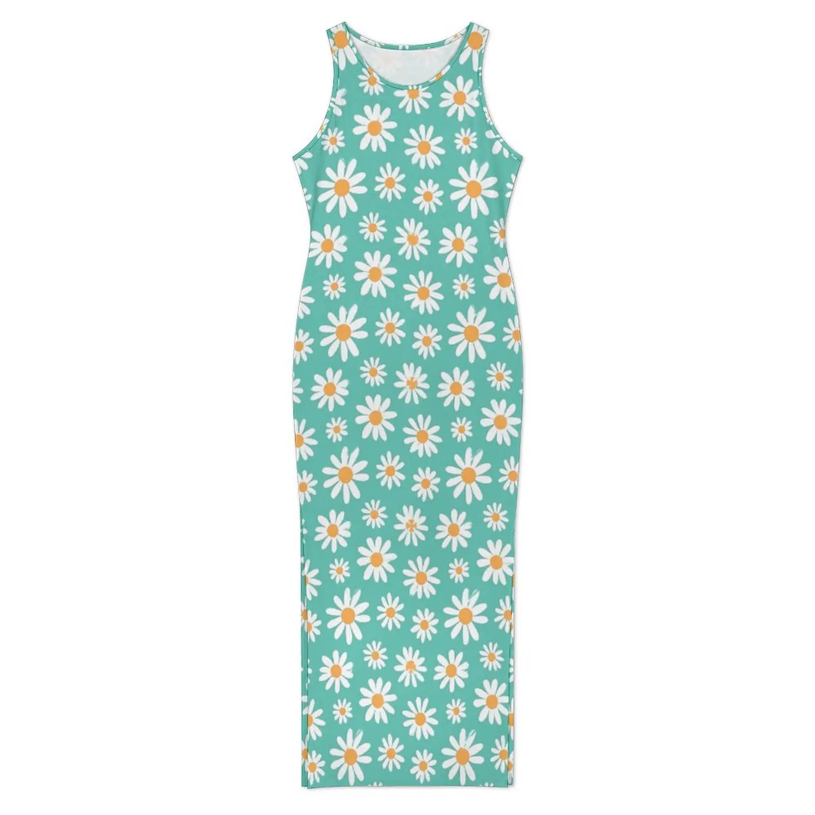 Abito bianco retrò a fiori senza maniche margherite floreale sottile maxi abiti sexy modello moda estiva abito aderente taglia grande 3XL 4XL