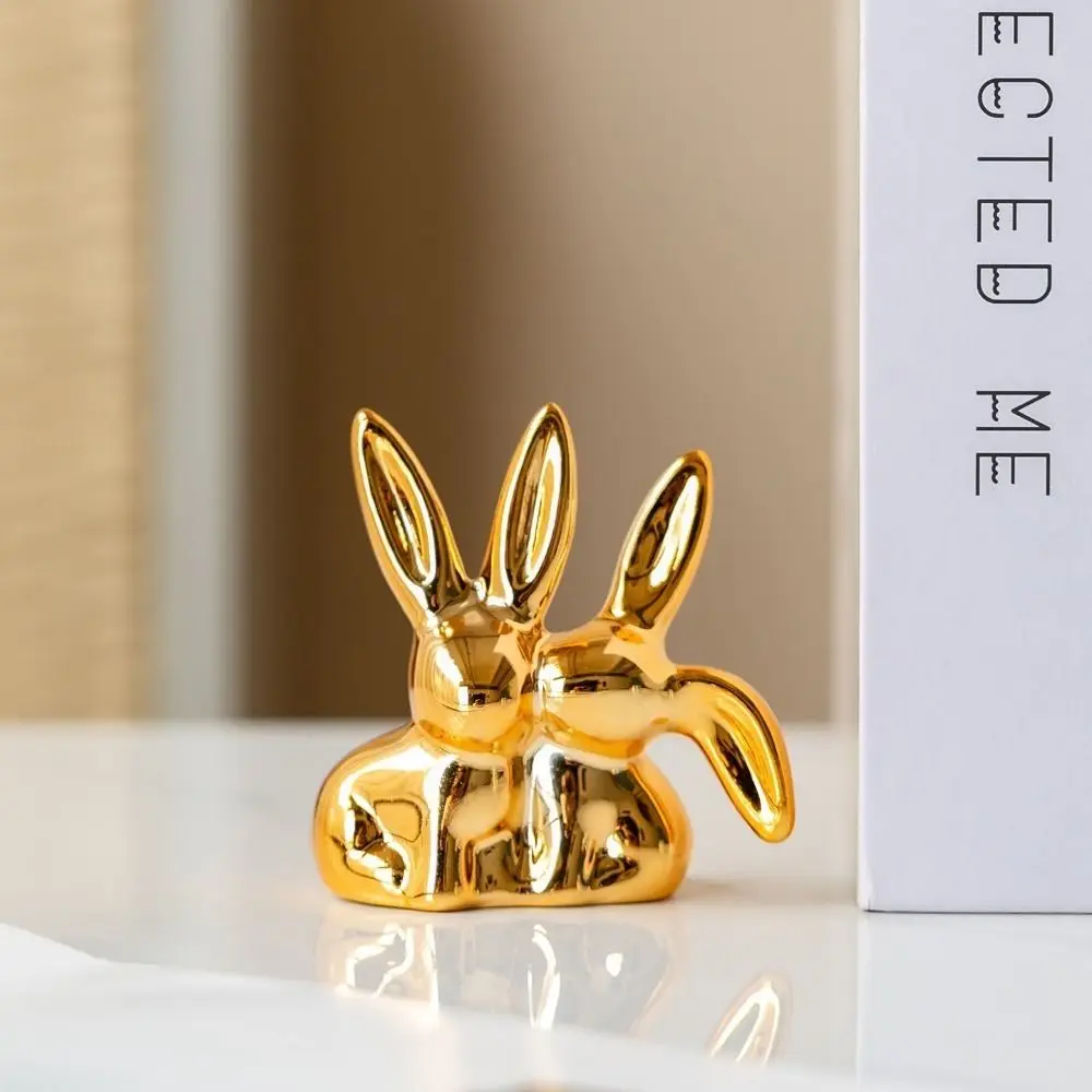 Unique Aesthetic Ceramic Rabbit Ring Holder Cartoon Style Handicraft Kiss Couple Bunny Figurine Decorative Creative