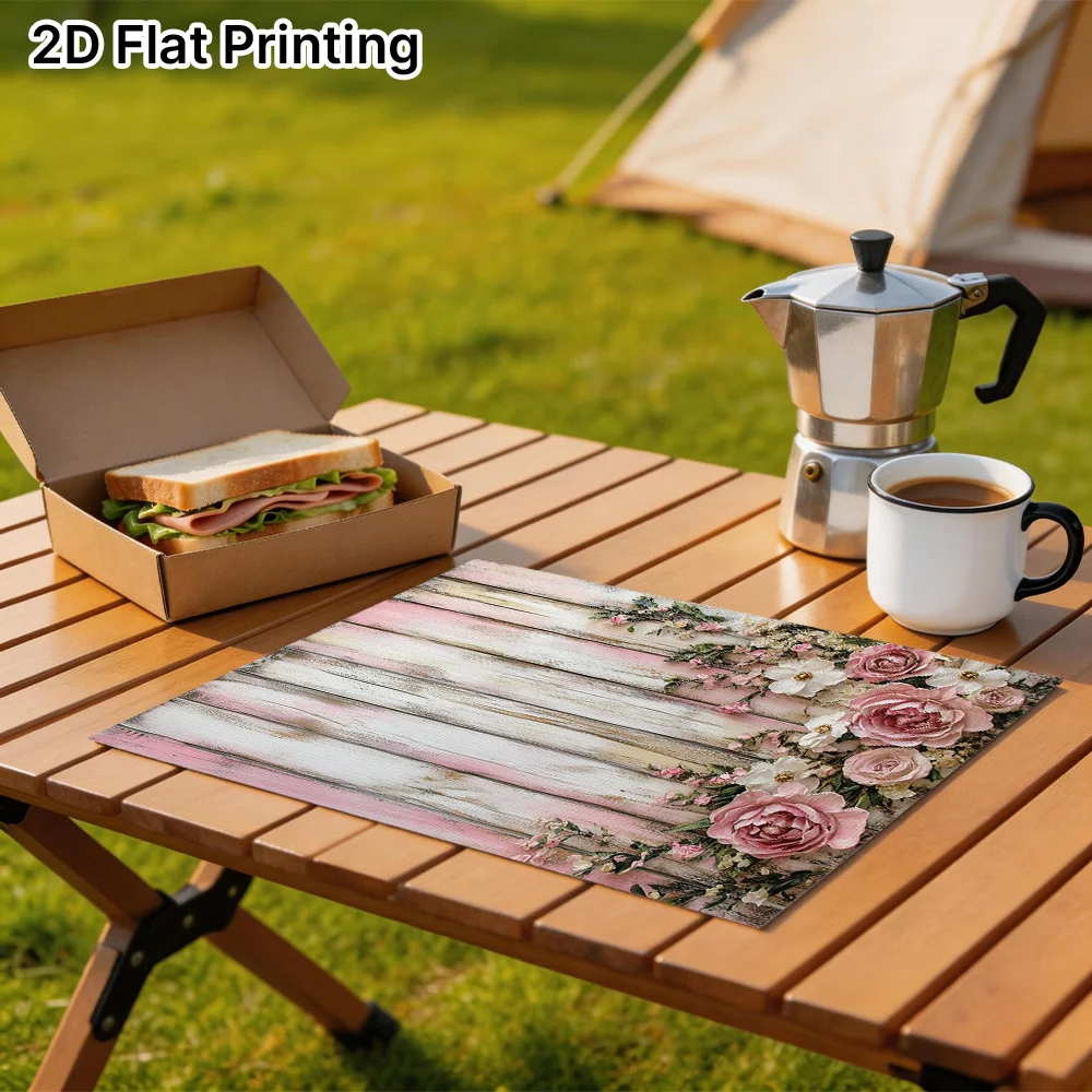 2D Flat Printing,Rustic Wooden Floral Arrangement Design, Machine Washable, Rectangular Placemats, Classic Pattern