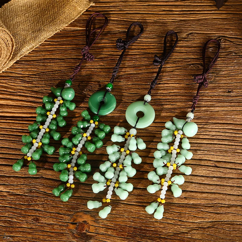 2024 Hot Selling Cute Lucky Mini Gourd Green Jade Beads Pendant Keychain Special Natural Obsidian Key Holder Keyring