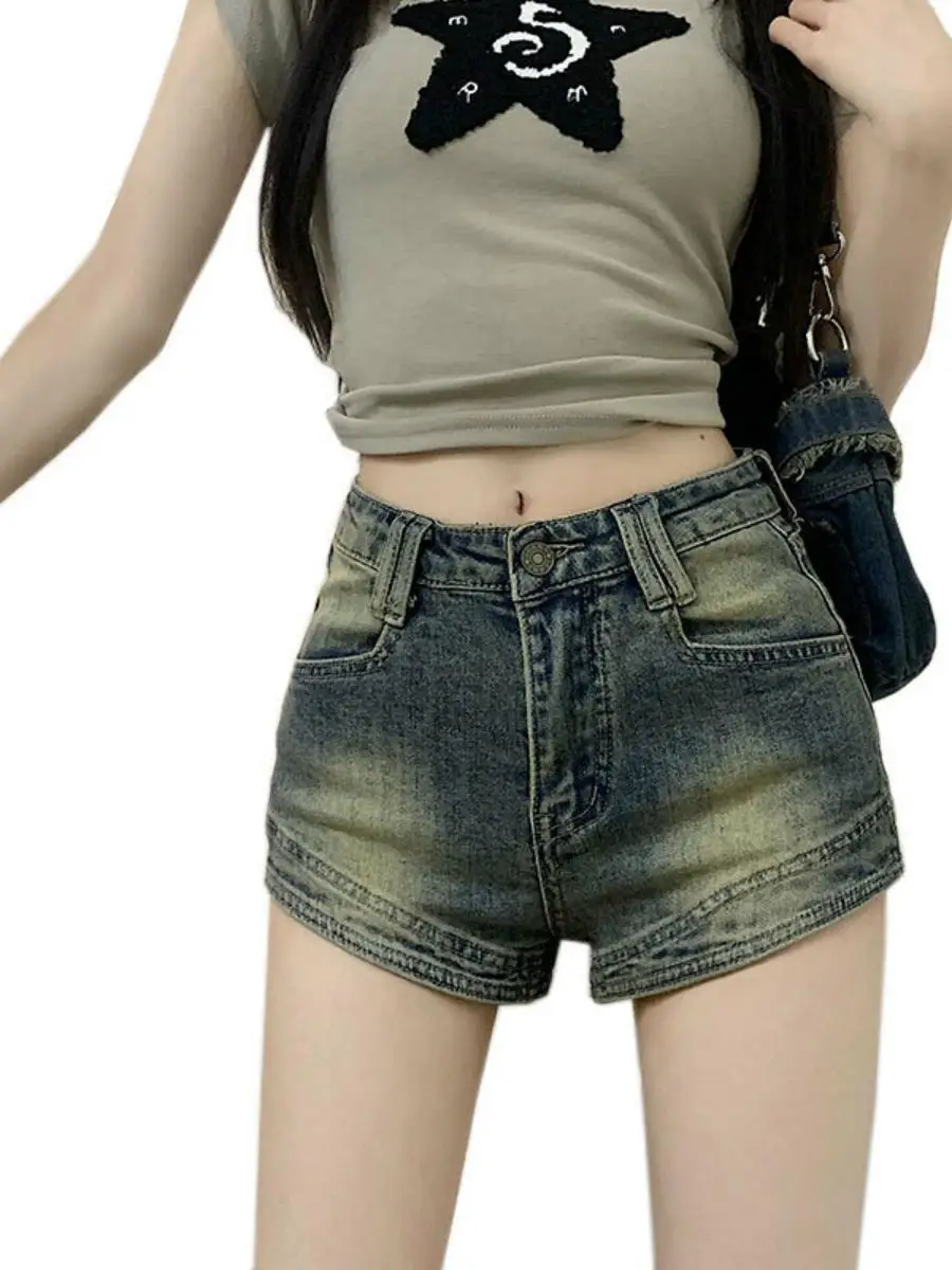 

High Waist Slim Fit Denim orts Women's Summer Wear Vintage Faded Base Layer Tight Straight Tube Hot Pants