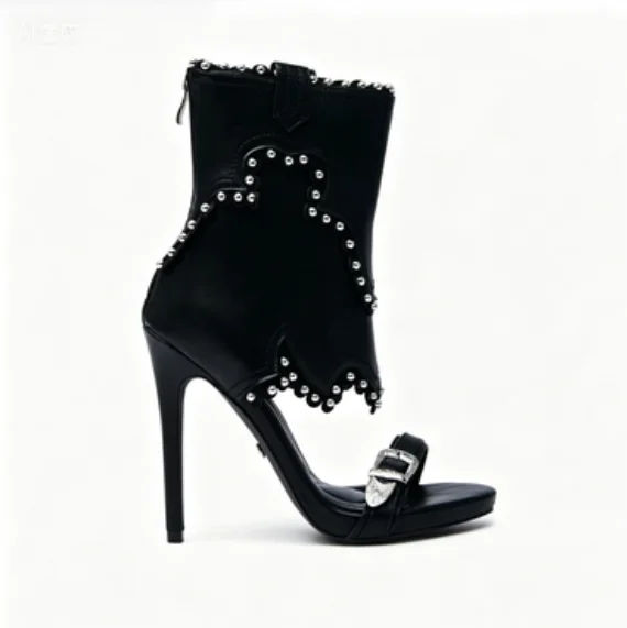 Women's Black Studded Western-Style Open-Toe Ankle Boots Buckle Strap Stiletto Heel Sandals Edgy Statement Footwear for Parties