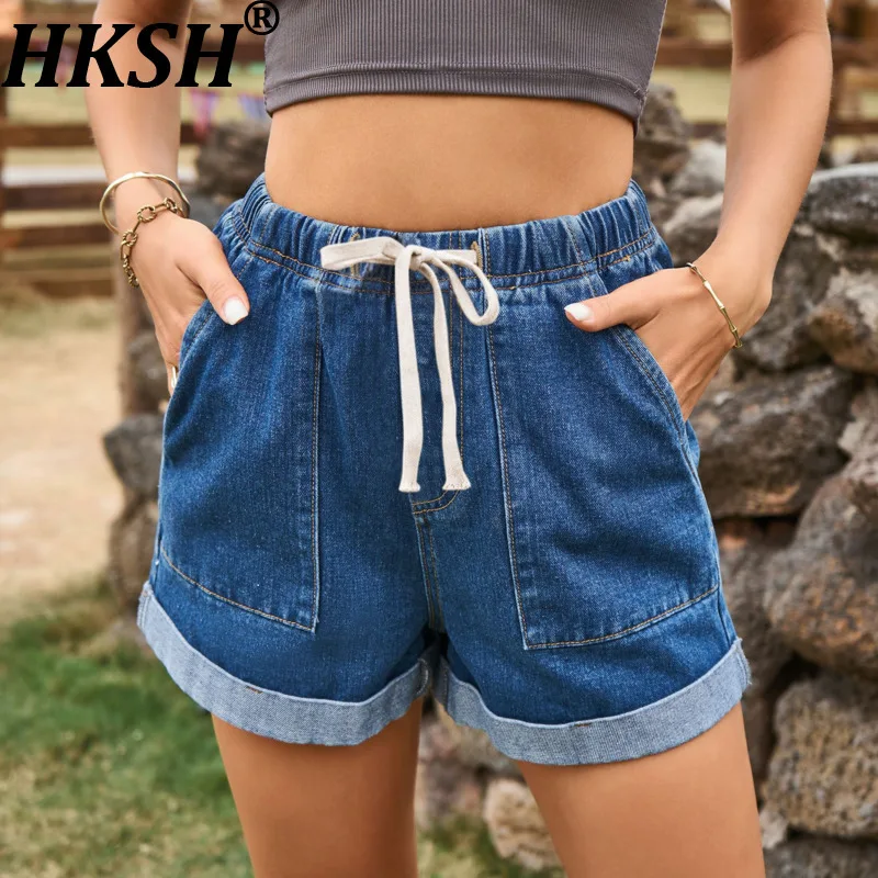 

Женские джинсовые шорты HKSH с эластичным поясом на шнурке, карманами, эффектом потертости, винтажные, универсальные, для уличной моды, повседневные, летние HK22218