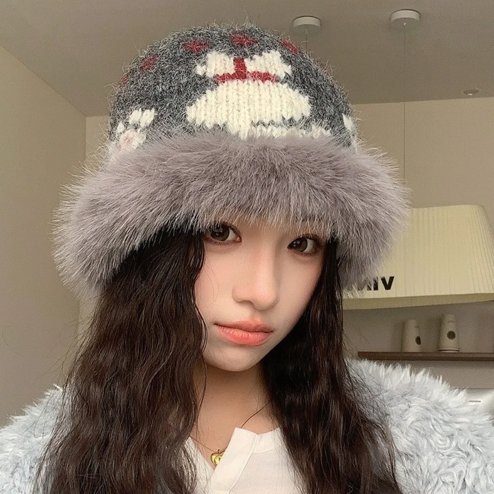 Polyester Fuzzy Bucket Hat 56cm to 58cm Fair Isle Pattern Warm Winter Knitted Hat Cold Proof Large Head Circumference