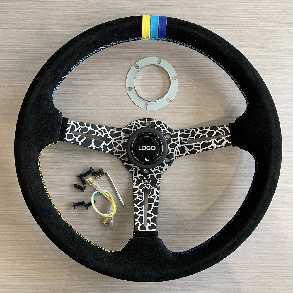 

TIYPEOR NEW 14inch 350mm Universal Car Flat Dish Sports Drifting Leather Modified Steering Wheel