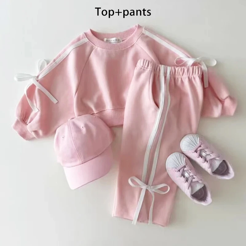 Dziewczęta Koreańska wersja Wiosna Nowy zestaw ubrań z długim rękawem Dziewczynki Kokarda patchwork czysta bawełna Casual 2szt Garnitur Dzieci Strój sportowy