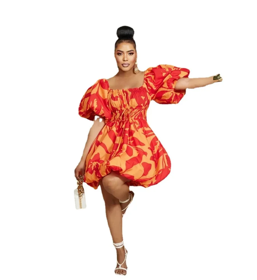 African Print Dresses for Women Summer Elegant African Off Shoulder Short Puff Sleeve Mini Birthday Evening Gowns African Dress