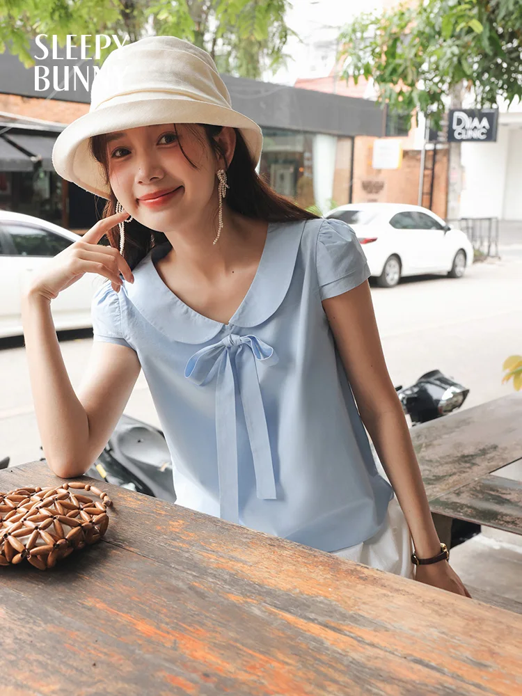

Sweet Bow Tie Blouse Women Summer Puff Sleeve Peter Pan Collar Shirt Korean Style Cute Blue Top for Casual Daily or Office Wear